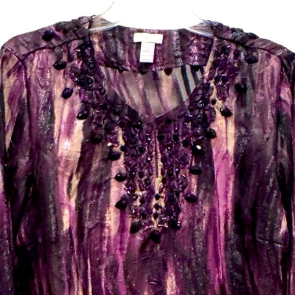 Chico’s Size 2 (US 12) Purple & Black Sheer Long Sleeve Embellished Tunic - Picture 3 of 5